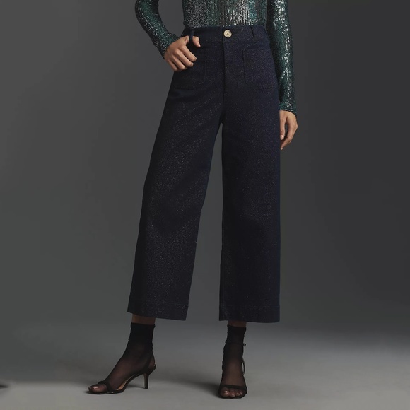 Anthropologie Maeve The Colette Sparkle Denim Cropped Wide Leg Jeans Size 26P - Picture 1 of 13